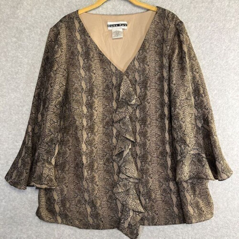 Dana Kay Top Plus Sz 16W Black Ruffle Animal Print Career Professional Blouse